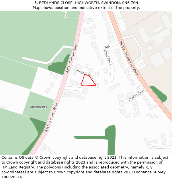 5, REDLANDS CLOSE, HIGHWORTH, SWINDON, SN6 7SN: Location map and indicative extent of plot