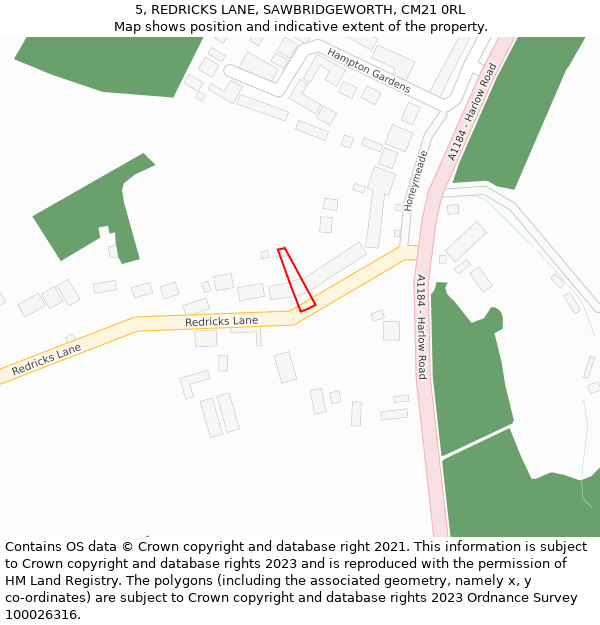 5, REDRICKS LANE, SAWBRIDGEWORTH, CM21 0RL: Location map and indicative extent of plot