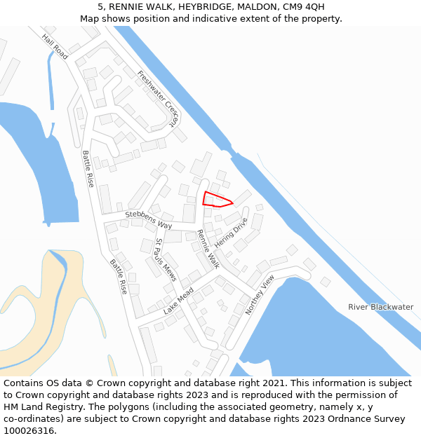 5, RENNIE WALK, HEYBRIDGE, MALDON, CM9 4QH: Location map and indicative extent of plot