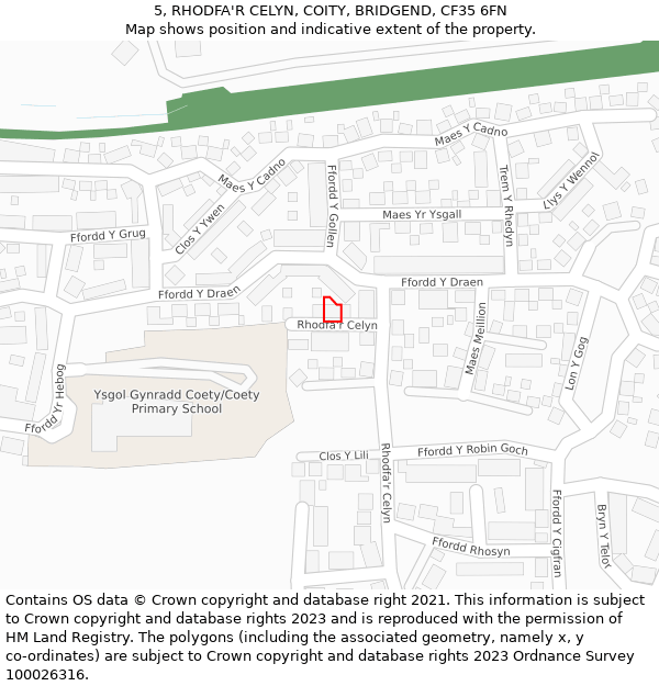 5, RHODFA'R CELYN, COITY, BRIDGEND, CF35 6FN: Location map and indicative extent of plot