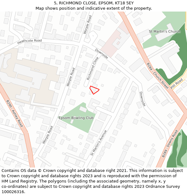 5, RICHMOND CLOSE, EPSOM, KT18 5EY: Location map and indicative extent of plot