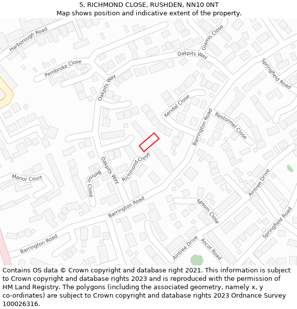 5, RICHMOND CLOSE, RUSHDEN, NN10 0NT: Location map and indicative extent of plot