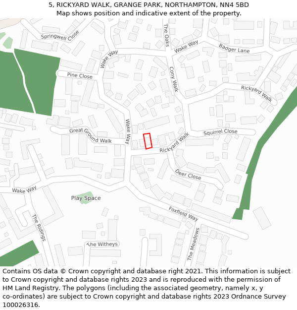 5, RICKYARD WALK, GRANGE PARK, NORTHAMPTON, NN4 5BD: Location map and indicative extent of plot