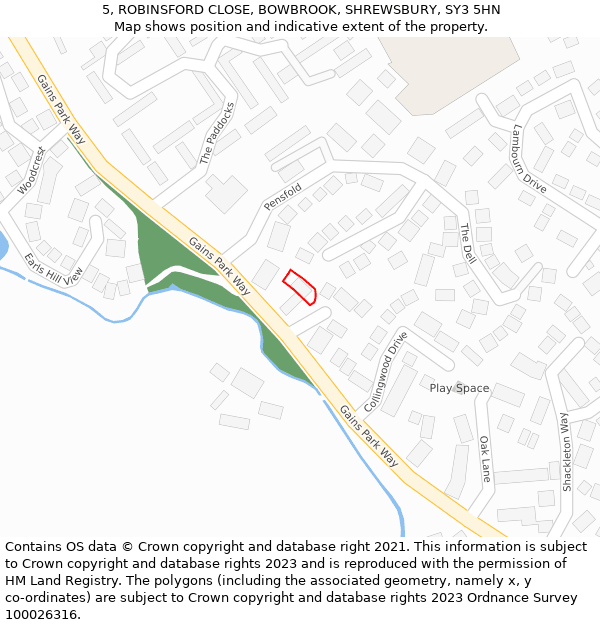 5, ROBINSFORD CLOSE, BOWBROOK, SHREWSBURY, SY3 5HN: Location map and indicative extent of plot