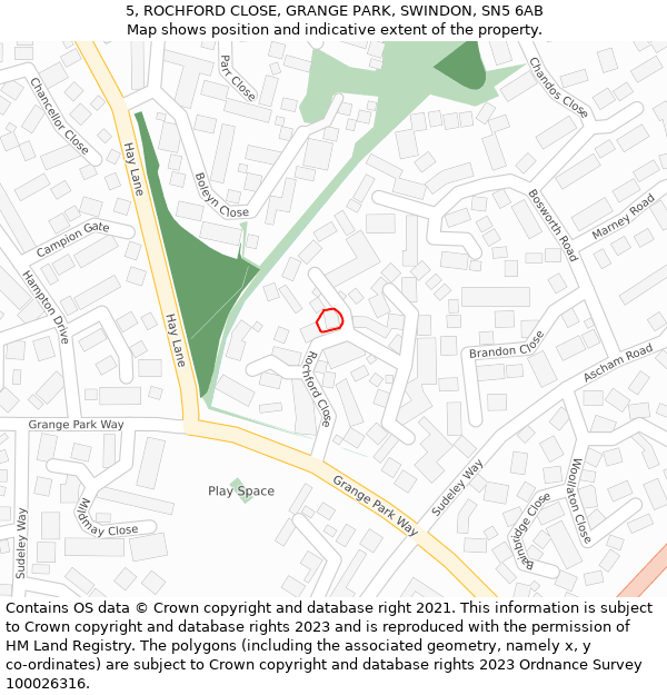 5, ROCHFORD CLOSE, GRANGE PARK, SWINDON, SN5 6AB: Location map and indicative extent of plot