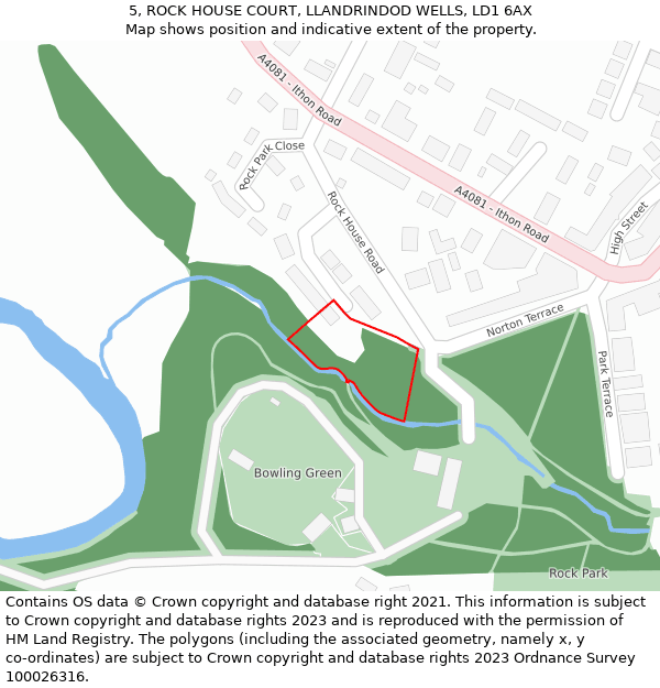 5, ROCK HOUSE COURT, LLANDRINDOD WELLS, LD1 6AX: Location map and indicative extent of plot