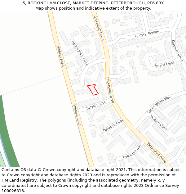 5, ROCKINGHAM CLOSE, MARKET DEEPING, PETERBOROUGH, PE6 8BY: Location map and indicative extent of plot