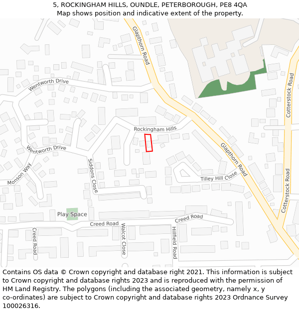 5, ROCKINGHAM HILLS, OUNDLE, PETERBOROUGH, PE8 4QA: Location map and indicative extent of plot
