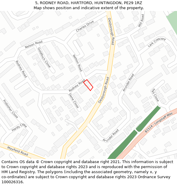 5, RODNEY ROAD, HARTFORD, HUNTINGDON, PE29 1RZ: Location map and indicative extent of plot