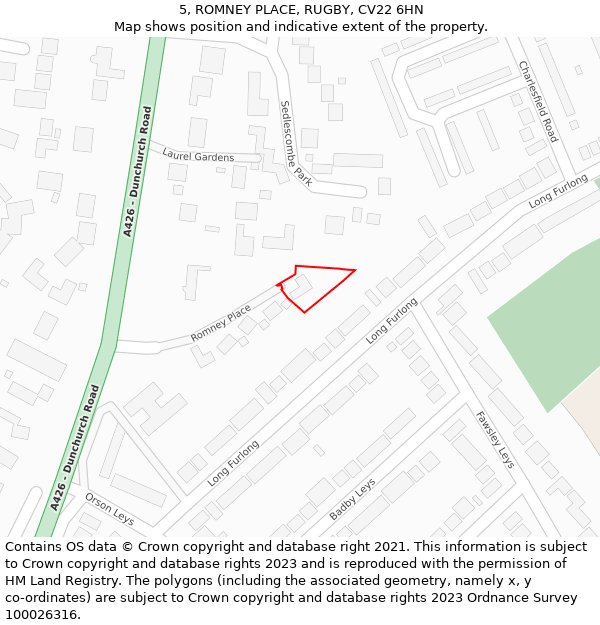 5, ROMNEY PLACE, RUGBY, CV22 6HN: Location map and indicative extent of plot