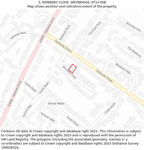 5, RONNEBY CLOSE, WEYBRIDGE, KT13 9SB: Location map and indicative extent of plot