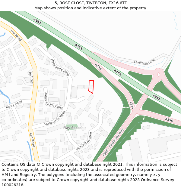 5, ROSE CLOSE, TIVERTON, EX16 6TF: Location map and indicative extent of plot