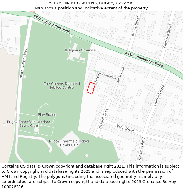 5, ROSEMARY GARDENS, RUGBY, CV22 5BF: Location map and indicative extent of plot