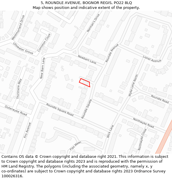 5, ROUNDLE AVENUE, BOGNOR REGIS, PO22 8LQ: Location map and indicative extent of plot