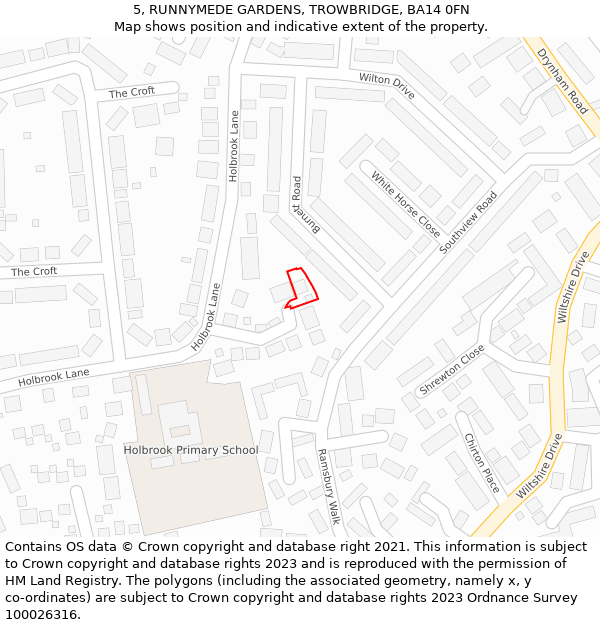 5, RUNNYMEDE GARDENS, TROWBRIDGE, BA14 0FN: Location map and indicative extent of plot