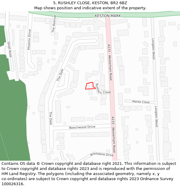 5, RUSHLEY CLOSE, KESTON, BR2 6BZ: Location map and indicative extent of plot