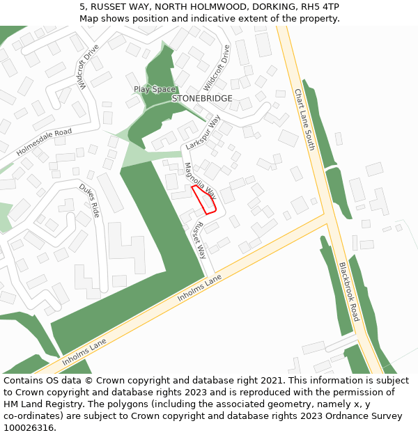 5, RUSSET WAY, NORTH HOLMWOOD, DORKING, RH5 4TP: Location map and indicative extent of plot