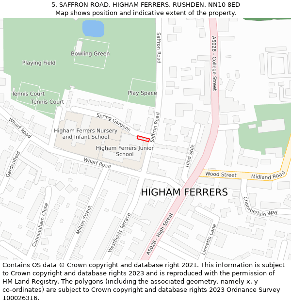 5, SAFFRON ROAD, HIGHAM FERRERS, RUSHDEN, NN10 8ED: Location map and indicative extent of plot
