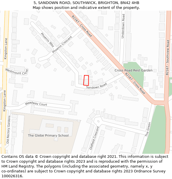 5, SANDOWN ROAD, SOUTHWICK, BRIGHTON, BN42 4HB: Location map and indicative extent of plot