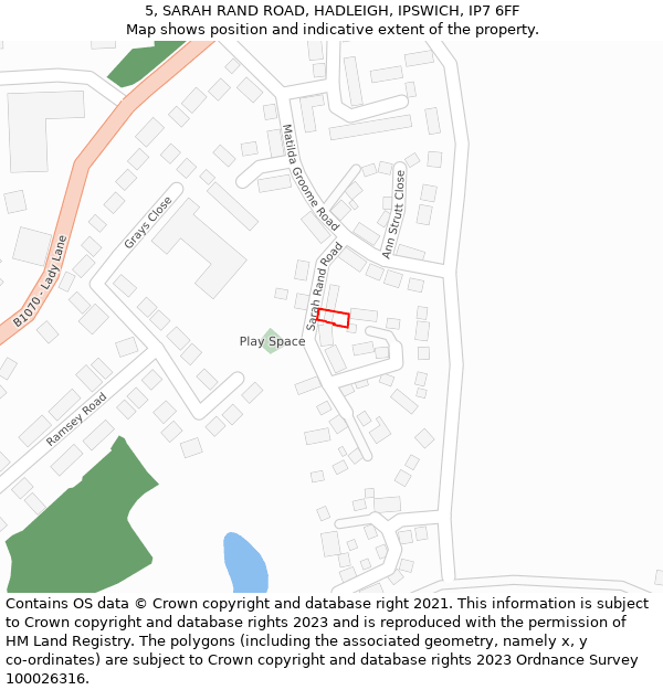 5, SARAH RAND ROAD, HADLEIGH, IPSWICH, IP7 6FF: Location map and indicative extent of plot