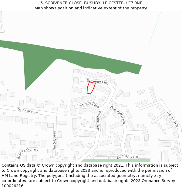 5, SCRIVENER CLOSE, BUSHBY, LEICESTER, LE7 9NE: Location map and indicative extent of plot