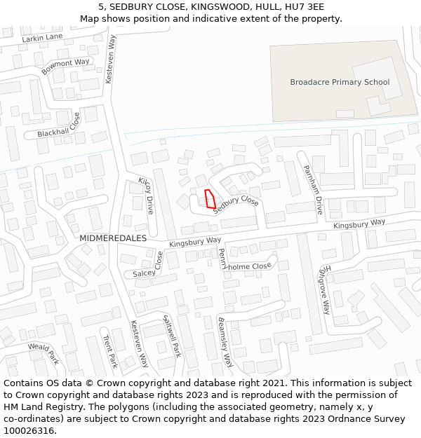 5, SEDBURY CLOSE, KINGSWOOD, HULL, HU7 3EE: Location map and indicative extent of plot