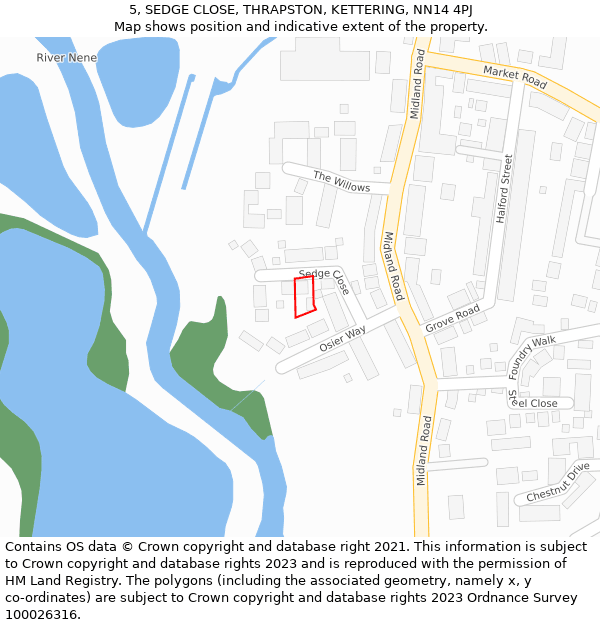 5, SEDGE CLOSE, THRAPSTON, KETTERING, NN14 4PJ: Location map and indicative extent of plot