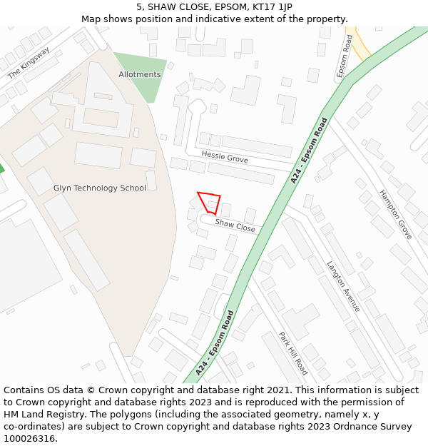 5, SHAW CLOSE, EPSOM, KT17 1JP: Location map and indicative extent of plot