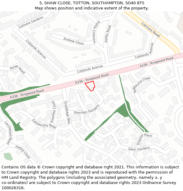 5, SHAW CLOSE, TOTTON, SOUTHAMPTON, SO40 8TS: Location map and indicative extent of plot