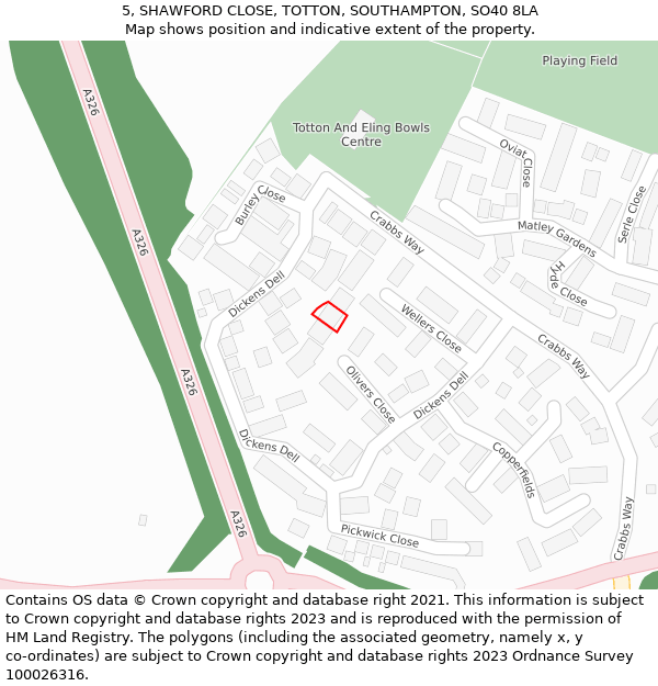 5, SHAWFORD CLOSE, TOTTON, SOUTHAMPTON, SO40 8LA: Location map and indicative extent of plot