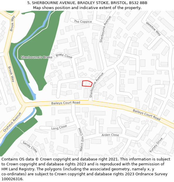 5, SHERBOURNE AVENUE, BRADLEY STOKE, BRISTOL, BS32 8BB: Location map and indicative extent of plot