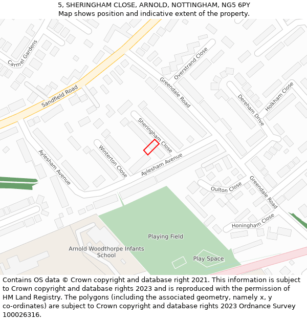 5, SHERINGHAM CLOSE, ARNOLD, NOTTINGHAM, NG5 6PY: Location map and indicative extent of plot