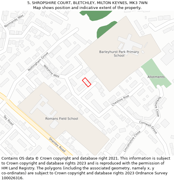 5, SHROPSHIRE COURT, BLETCHLEY, MILTON KEYNES, MK3 7WN: Location map and indicative extent of plot