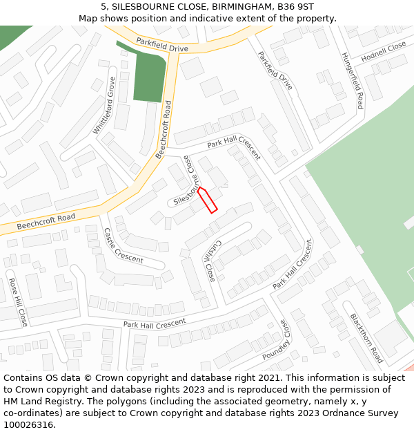 5, SILESBOURNE CLOSE, BIRMINGHAM, B36 9ST: Location map and indicative extent of plot