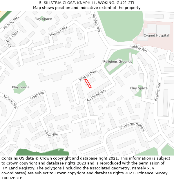 5, SILISTRIA CLOSE, KNAPHILL, WOKING, GU21 2TL: Location map and indicative extent of plot