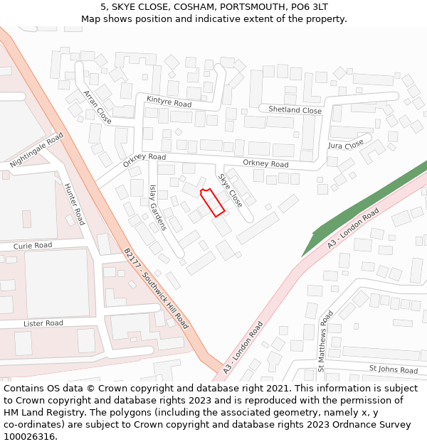 5, SKYE CLOSE, COSHAM, PORTSMOUTH, PO6 3LT: Location map and indicative extent of plot