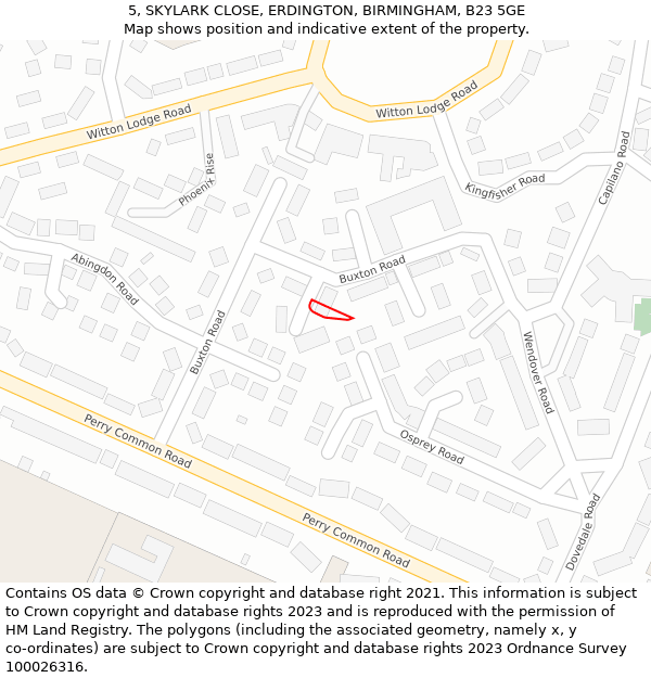 5, SKYLARK CLOSE, ERDINGTON, BIRMINGHAM, B23 5GE: Location map and indicative extent of plot