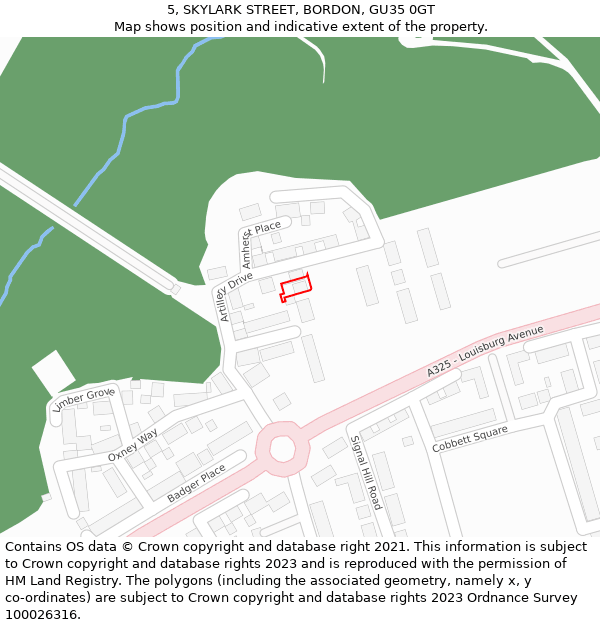 5, SKYLARK STREET, BORDON, GU35 0GT: Location map and indicative extent of plot