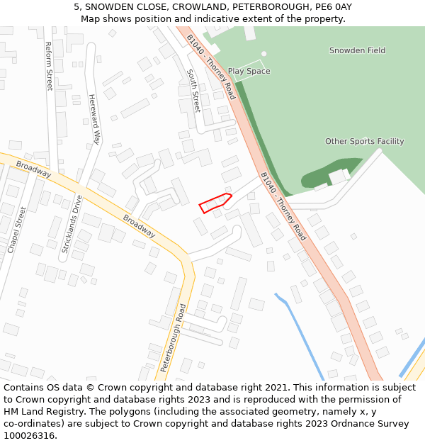 5, SNOWDEN CLOSE, CROWLAND, PETERBOROUGH, PE6 0AY: Location map and indicative extent of plot