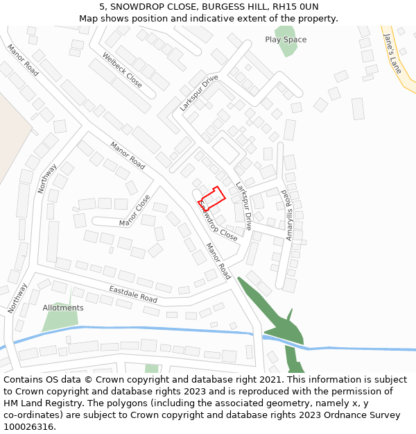 5, SNOWDROP CLOSE, BURGESS HILL, RH15 0UN: Location map and indicative extent of plot