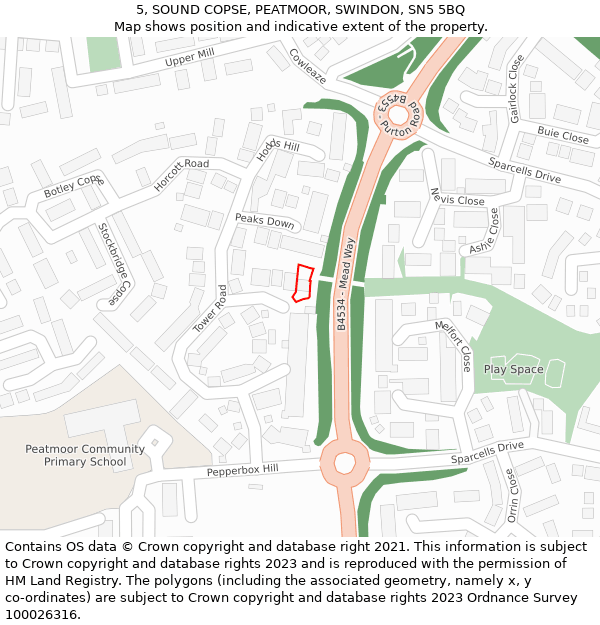 5, SOUND COPSE, PEATMOOR, SWINDON, SN5 5BQ: Location map and indicative extent of plot