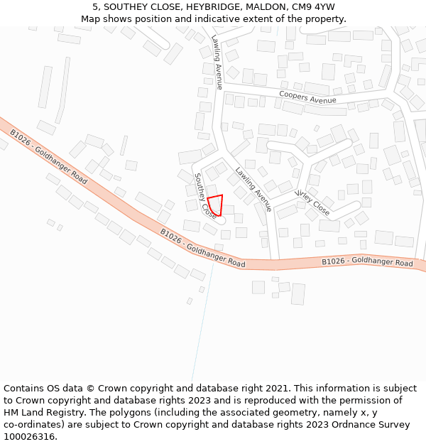 5, SOUTHEY CLOSE, HEYBRIDGE, MALDON, CM9 4YW: Location map and indicative extent of plot