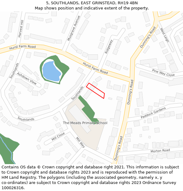 5, SOUTHLANDS, EAST GRINSTEAD, RH19 4BN: Location map and indicative extent of plot