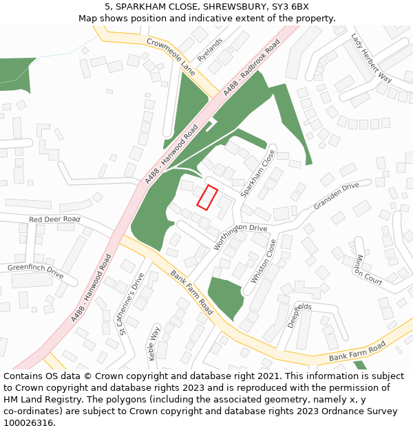 5, SPARKHAM CLOSE, SHREWSBURY, SY3 6BX: Location map and indicative extent of plot