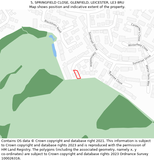 5, SPRINGFIELD CLOSE, GLENFIELD, LEICESTER, LE3 8RU: Location map and indicative extent of plot