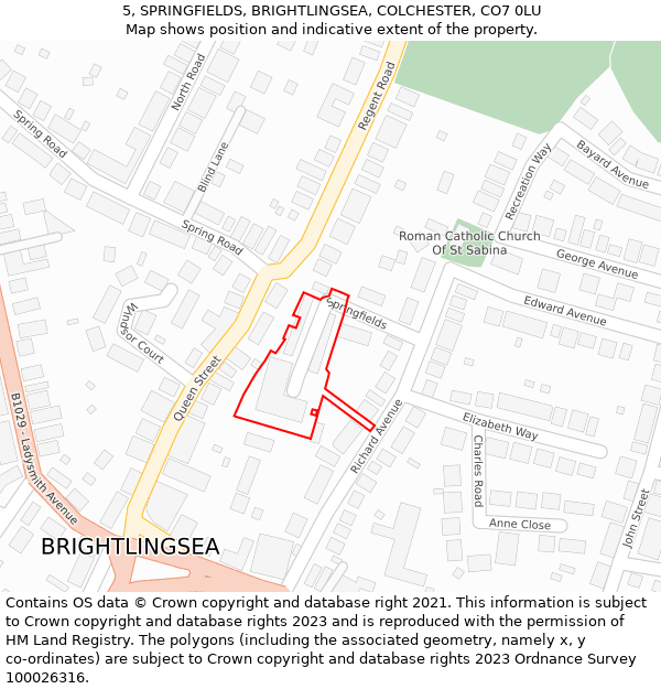 5, SPRINGFIELDS, BRIGHTLINGSEA, COLCHESTER, CO7 0LU: Location map and indicative extent of plot