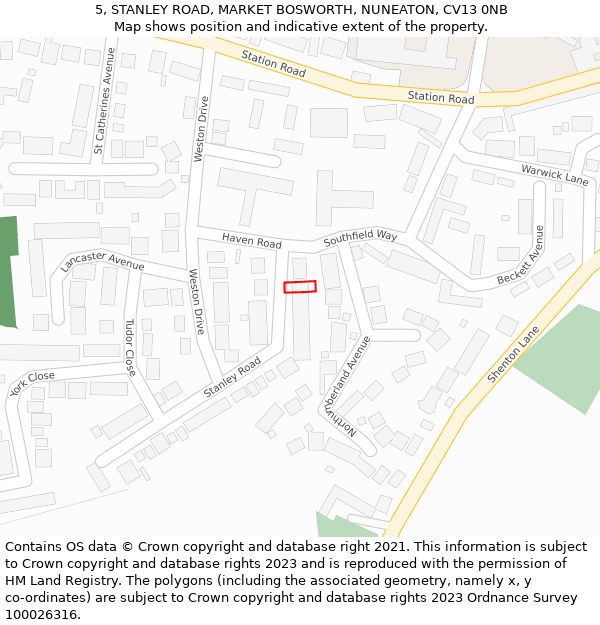 5, STANLEY ROAD, MARKET BOSWORTH, NUNEATON, CV13 0NB: Location map and indicative extent of plot