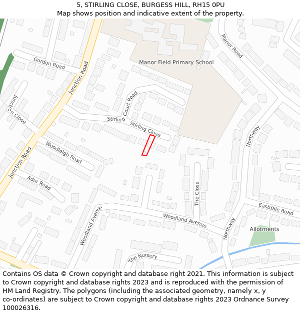 5, STIRLING CLOSE, BURGESS HILL, RH15 0PU: Location map and indicative extent of plot