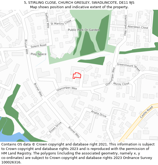 5, STIRLING CLOSE, CHURCH GRESLEY, SWADLINCOTE, DE11 9JS: Location map and indicative extent of plot