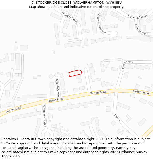 5, STOCKBRIDGE CLOSE, WOLVERHAMPTON, WV6 8BU: Location map and indicative extent of plot